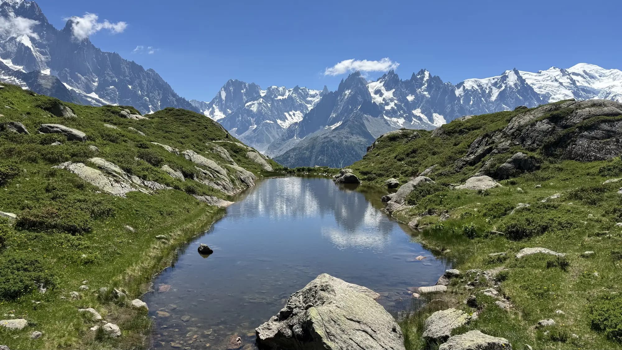 Lac Blanc reflecting the Mont Blanc massif beneath a clear alpine sky